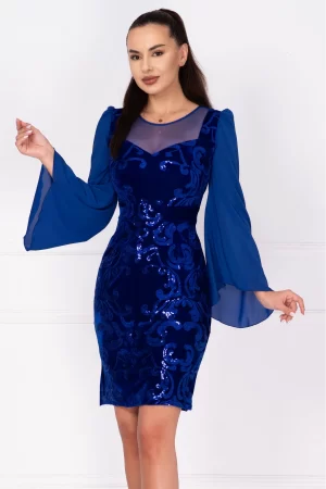 Rochie de ocazie din catifea albastra Celine cu maneci din voal si model paietat