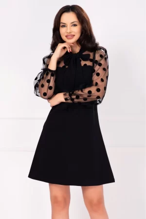 Rochie de ocazie lejera cu maneci din tulle cu buline din catifea