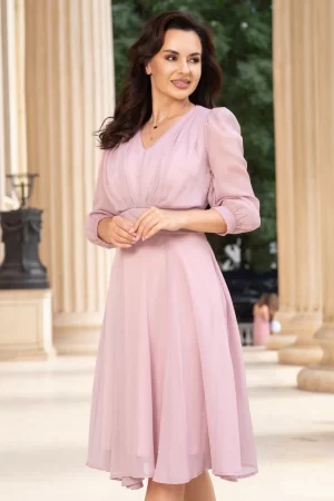 Rochie de ocazie midi roz in clos Romina cu fir lurex