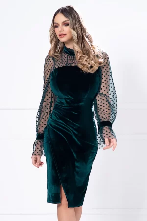 Rochie de ocazie verde din catifea cu maneci din tulle cu buline