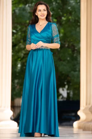 Rochie de seara aqua Giorgia lunga din tafta cu maneci paietate