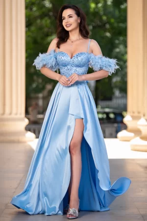 Rochie de seara bleu Valeria din tafta cu paiete si fulgi