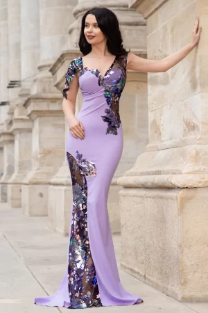 Rochie de seara eleganta Kany lavanda cu model din paiete si flori pastelate