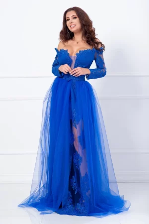 Rochie de seara lunga albastra Aurora din tulle si dantela