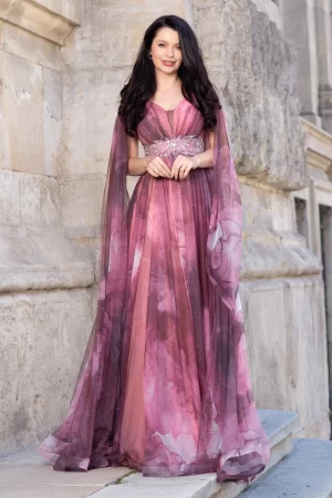Rochie de seara lunga Alessandra cu imprimeu tip pictura in nuante pastelate