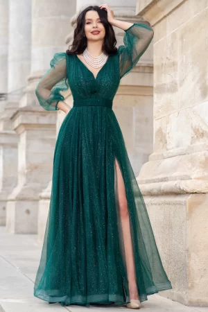 Rochie de seara lunga eleganta verde Esmeralda cu glitter