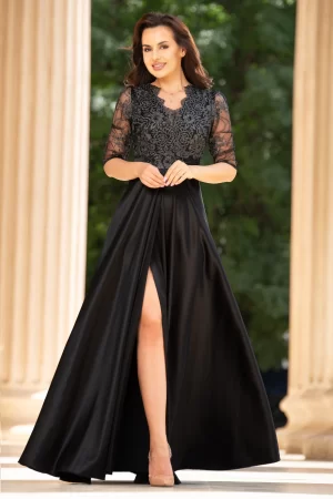 Rochie de seara lunga neagra Lucrezia din tafta cu broderie