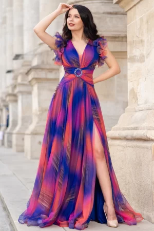 Rochie de seara lunga Tereza albastra cu imprimeu tip pictura