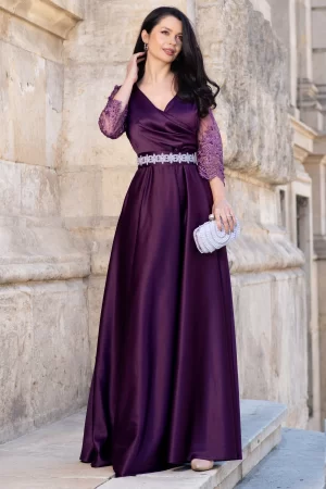 Rochie de seara mov Giorgia lunga din tafta cu maneci brodate