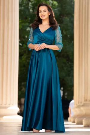Rochie de seara turquoise Giorgia lunga din tafta cu maneci paietate