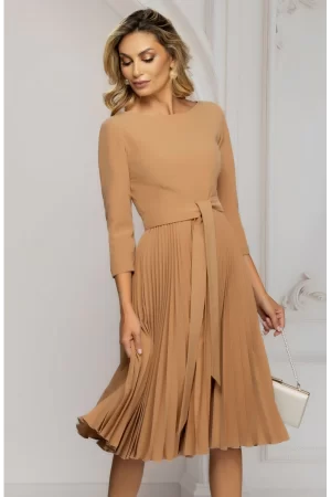 Rochie de zi bej midi cu fusta plisata si cordon in talie