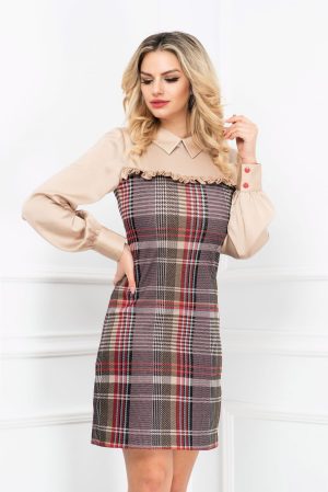 Rochie InPuff de zi cofee cu carouri si maneci lungi din voal