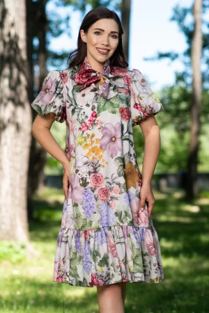 Rochie de zi midi cu maneci gogosar si imprimeu floral