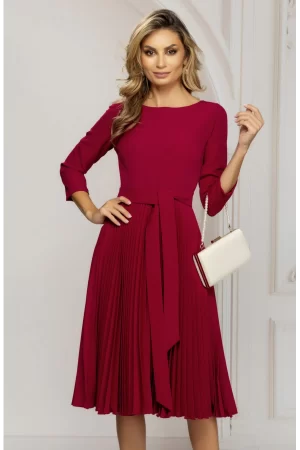 Rochie de zi rosie midi cu fusta plisata si cordon in talie