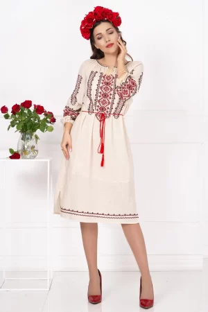 Rochie din in Filipa brodata cu motivul rombului
