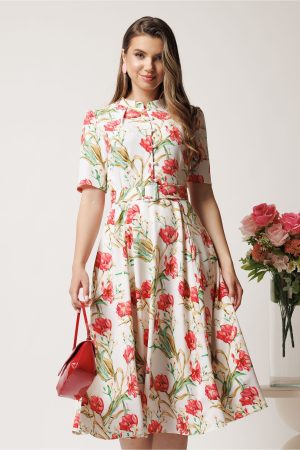 Rochie DY Fashion midi alba in clos din triplu voal cu flori rosii si curea in talie