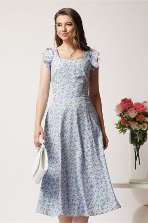 Rochie DY Fashion midi bleu in clos cu floricele roz si volane la maneci