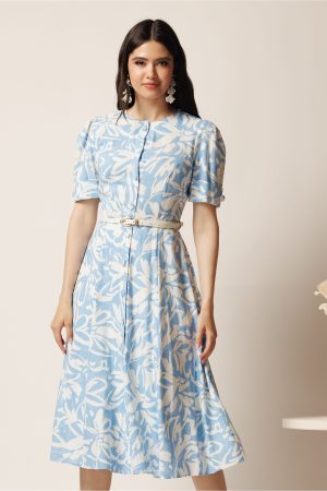 Rochie DY Fashion midi bleu in clos cu imprimeuri albe si curea in talie