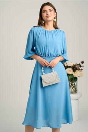 Rochie DY Fashion midi bleu in clos din voal cu accesorii pe umeri