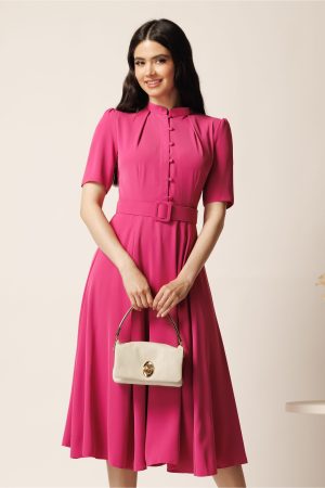 Rochie DY Fashion midi fucsia in clos din triplu voal cu nasturi la bust si curea in talie