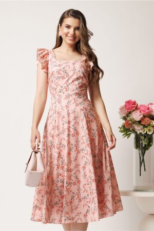 Rochie DY Fashion midi roz in clos cu floricele corai si volane la maneci