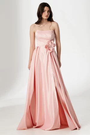 Rochie eleganta lunga roz Lorelai din tafta cu floare 3D