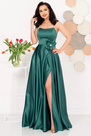 Rochie eleganta lunga verde Lorelai din tafta cu floare 3D