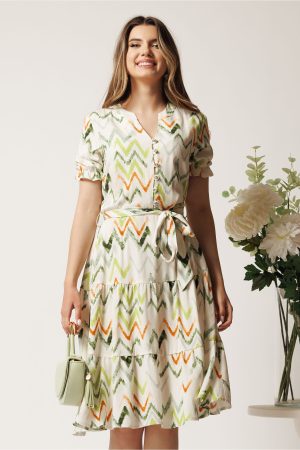 Rochie ivory cu print zig-zag verde in clos cu cordon in talie