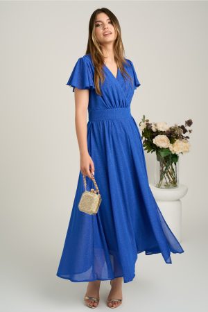 Rochie lunga albastra din voal in clos cu glitter- Moze