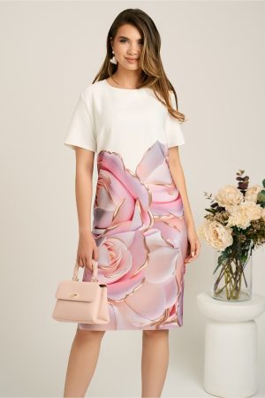 Rochie midi alba cu trandafiri maxi roz din stofa cu croi drept