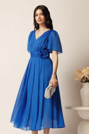 Rochie midi albastra din voal clos cu floare in talie- Moze