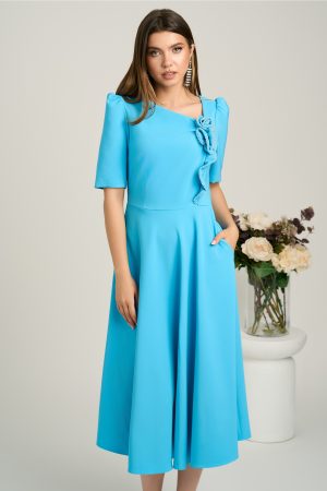 Rochie midi bleu din stofa in clos cu floare si margelute- LaDonna