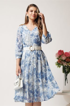 Rochie midi bleu din voal in clos cu imprimeuri si curea in talie