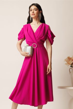 Rochie midi magenta din voal in clos cu decupaje la umeri si cordon in talie- LaDonna