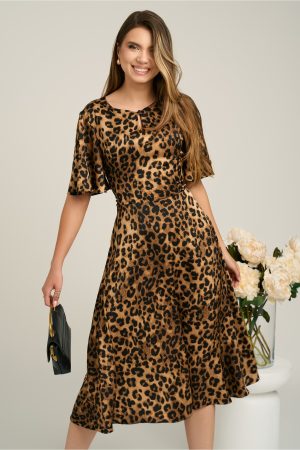 Rochie midi maro din satin in clos cu print leopard