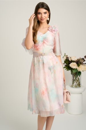 Rochie midi roz din voal cu imprimeuri bleu si floare maxi pe bust- Viada