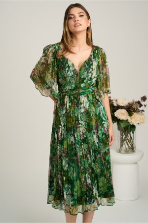Rochie midi verde din matase naturala cu imprimeuri florale- Viada