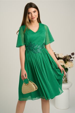 Rochie midi verde din voal in clos cu glitter si broderie in talie