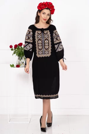Rochie neagra traditionala Iarina cu broderie cu simbolul crucii