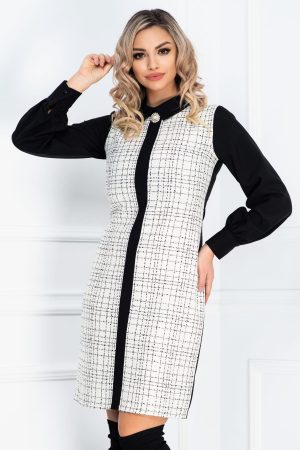Rochie office eleganta cu imprimeu carouri si brosa detasabila
