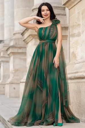 Rochie pretioasa Josephine verde cu imprimeu tip pictura