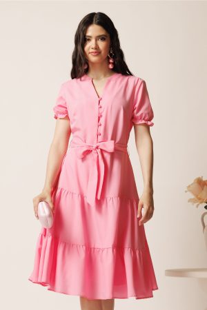 Rochie roz din viscoza in clos cu cordon in talie