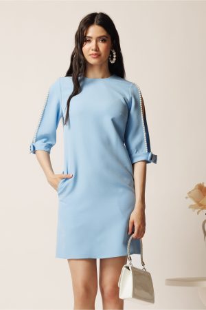 Rochie scurta bleu din stofa cu croi drept si perle pe maneci- Moze
