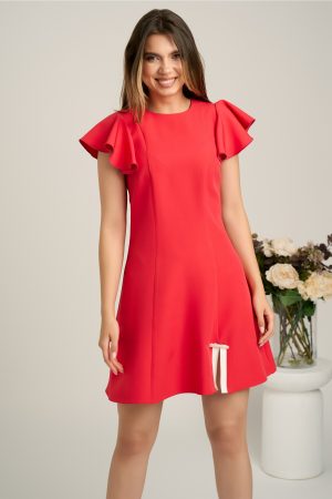 Rochie scurta rosu zmeura din stofa in clini cu aplicatie la baza- Moze