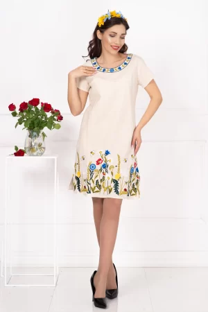 Rochie traditionala din in brodata cu flori multicolore