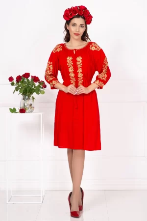 Rochie traditionala rosie Fenicia cu broderie florala aurie
