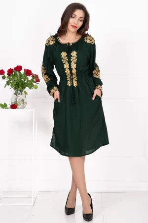 Rochie traditionala verde Fenicia cu broderie florala aurie