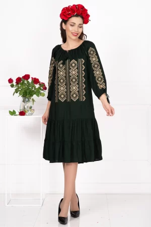 Rochie traditionala verde Ilaria cu broderie traditionala bej