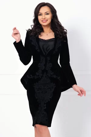 Sacou dama elegant Effect asimetric din catifea negru cu broderie pretioasa