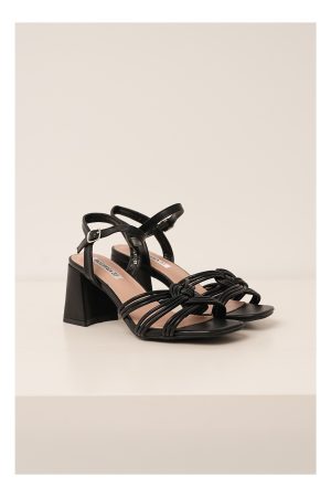 Sandale negre din piele ecologica cu toc patrat si impletitura